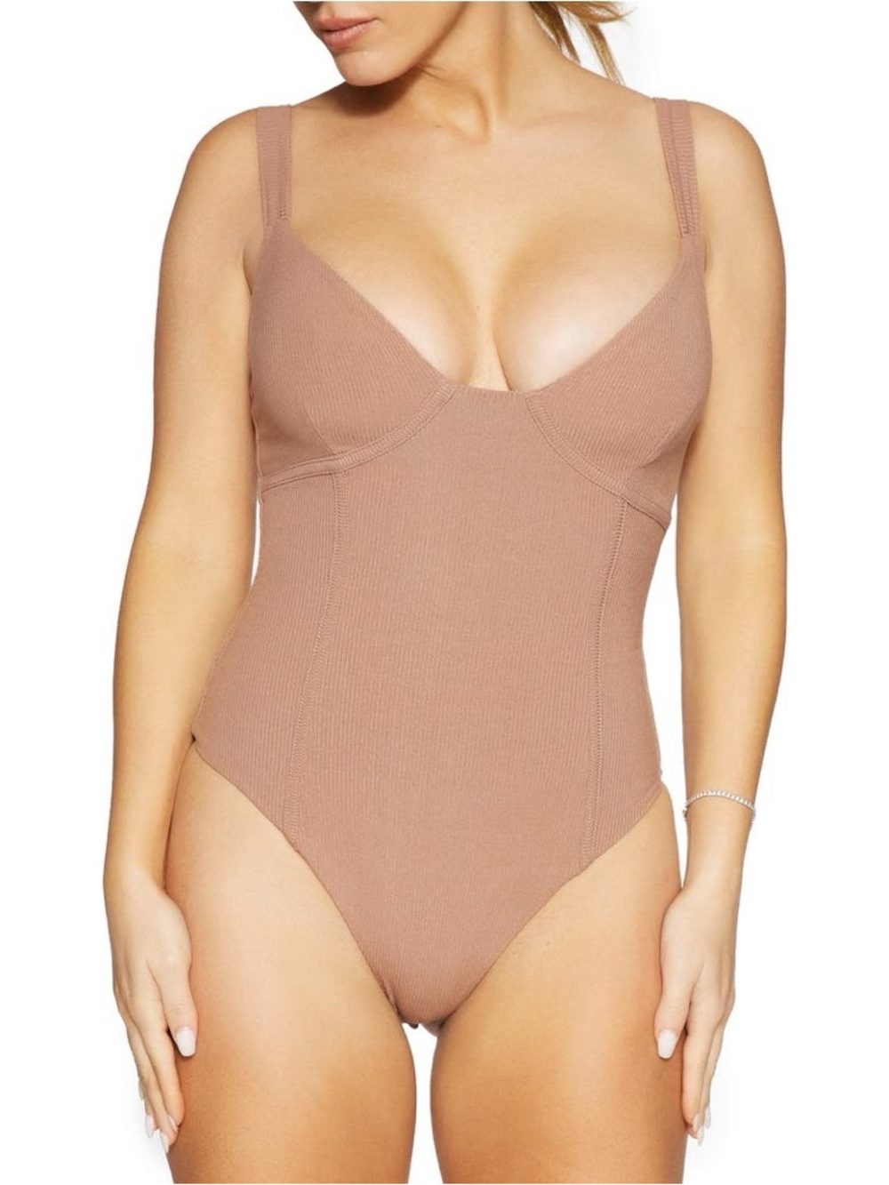 Naked Wardrobe Faux Bustier Ribbed Bodysuit Tan‎